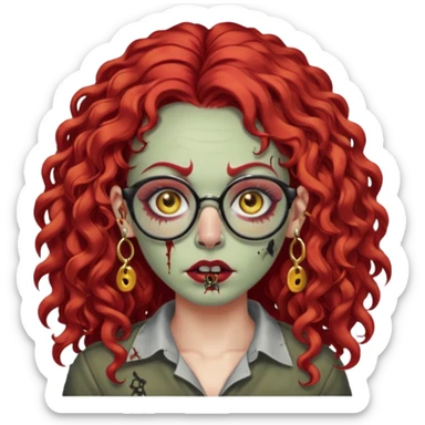zombie with long red curly hair, thick lashes, black glasses, gold nose piercings on each side of her nose, and a gold eyebrow piercing. sticker