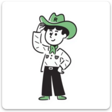 Cowboy wearing green hat with letter R on it sticker