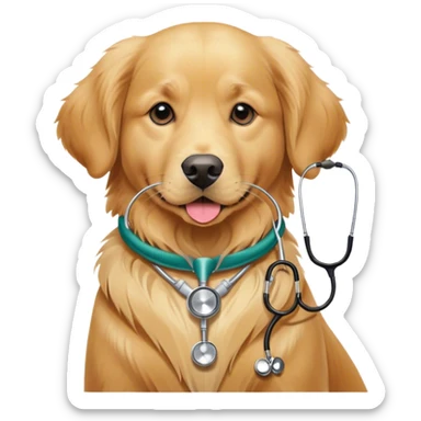 Un perro Golden llamado Dolar con una correa o algo que lo represente que es la mascota de la veterinaria Animal Fashion, puede tener un estetoscopio colgando del cuello sticker