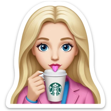 Long blonde grey highlighted with blue gray eyes sipping one Starbucks coffee. She has bushy eyebrows and pink lips  sticker