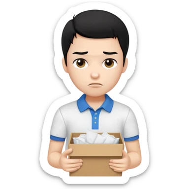 generate a pretty bratz boy with black hair, wearing a white polo shirt. Looking sad, holding a box of tissues sticker