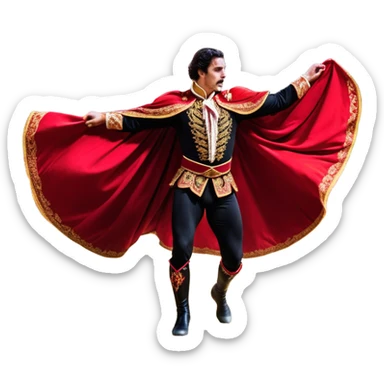 ​Cinematic Realistic Spanish Matador Holding a Red Cape, depicted in mid-action with a vibrant red cape flowing in the wind, dressed in an ornate traje de luces with shimmering details, confronting a charging bull in a dramatic arena, rendered with dynamic motion blur and vivid, high-contrast lighting, sticker