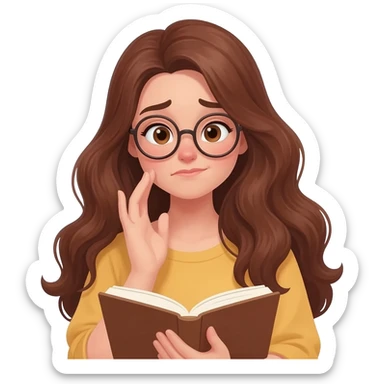 detailed emoji illustration of a curvy woman with long chestnut brown wavy hair, light brown eyes and round glasses reading a book with an emotional expression, touched by the story, emoji style sticker