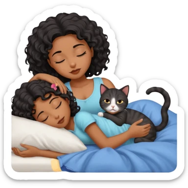 sleeping pretty black wavey hair girl in the bed, her cat is working instead of her sticker