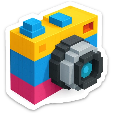 classic design camera in voxel style, isometric view sticker