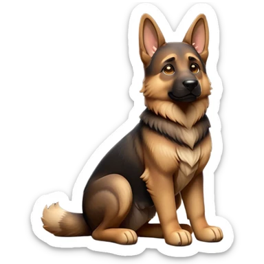 cinematic-[german shepherd]-realistic-full-body-sitting-emoji,-tail-resting-loosely-beside-its-paws,-head-tilted-dramatically,-sleek-[brown and black]-fur,-simplified-yet-realistic-focused-features,-highly-detailed,-glowing-with-an-almost-sarcastic-glow sticker