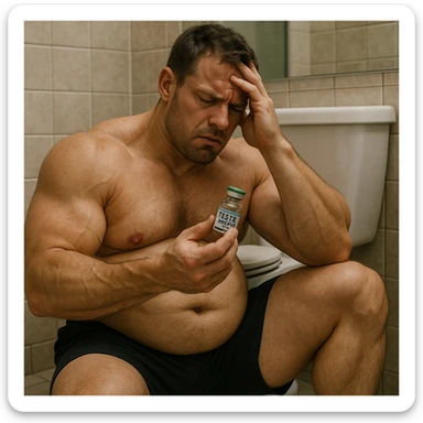 A 35-year-old bodybuilder sits shirtless on a bathroom floor, clutching an empty vial labeled "Test E 250mg". His physique shows the paradox of PED abuse: bloated stomach (high estrogen), but zero exceptional muscle gains.  sticker