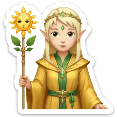 {
      "type": "human",
      "look": "light elf healer, golden robe, staff with leaf and sun motif",
      "description": "a light elf healer wearing a golden robe and holding a staff with leaf and sun symbols"
    } sticker