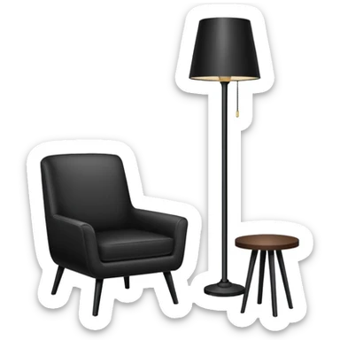 Minimalistic flat vector icon, iOS style, thin black contour on white background. Floor lamp and chair next to a framed picture on wall. Clean, no text, no shadows sticker