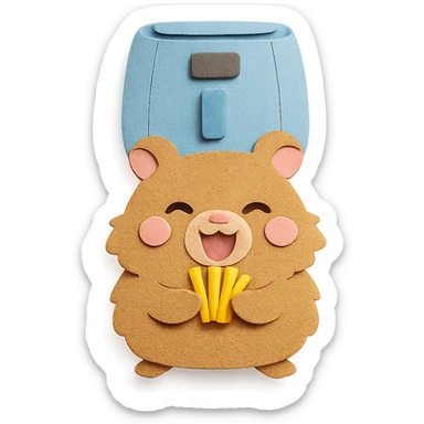 chibi air fryer-hamster hybrid, fluffy, holding tiny crispy fries, excited face, soft brown, full-body sticker