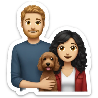 guy with brown hair and asian girl with long black hair holding red goldendoodle sticker
