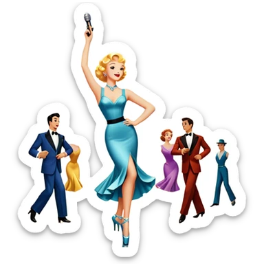 Vintage movie poster-style icon for a musical film. The cityscape glows in the background, evoking the golden era of musicals. A vibrant street scene with bright lights, dancers mid-step, a singer with a microphone among the skyscrapers. Transparent background. sticker