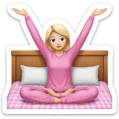 {
      "type": "human",
      "look": "pink pyjama lady, long sleeves, stretching arms",
      "description": "a woman in pink pyjamas stretching her arms after waking up"
    } sticker