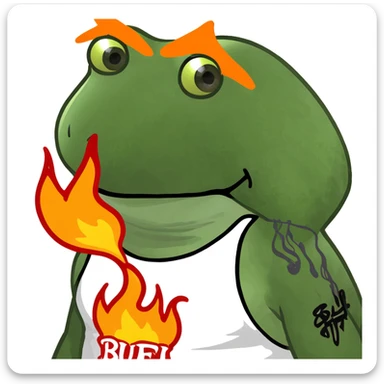 bold rebellious frog character in streetwear pose with the word 'BUFU' in flaming letters above or behind it, urban graffiti-inspired style, vibrant colors, dynamic energy sticker