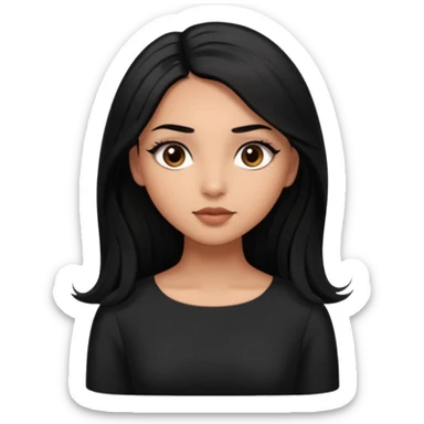 She has round head with oversized glossy eyes that dominate her face, giving her a dreamy expression. Her eyes are a warm brown with long lashes. She has light brown skin. Long jet black hair. She’s wearing a dark dress sticker