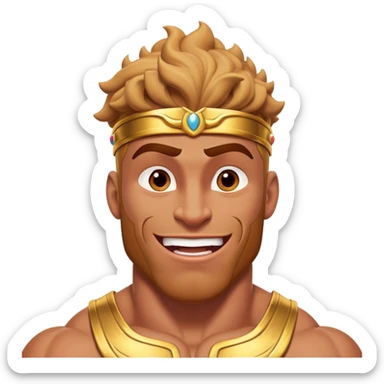 Cinematic Realistic Hercules Portrait, head tilted dramatically with an exaggeratedly amused expression, featuring a bold yet playful demeanor. His rugged, muscular form and finely detailed classical garb are rendered with dynamic lighting and robust textures, conveying a rare moment of lighthearted mirth from a timeless legend. sticker