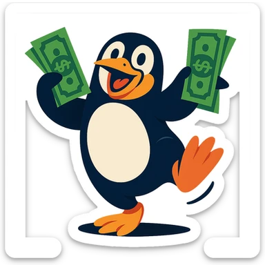 a dancing penguin holding money, fun and lively style sticker