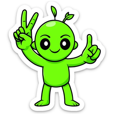 Hilarious green mutant with three arms making peace signs sticker