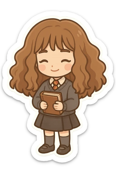 cute chibi character inspired by Hermione Granger with voluminous brown hair, wearing Hogwarts uniform including sweater, tie, skirt, socks, and shoes, holding a book, transparent background sticker