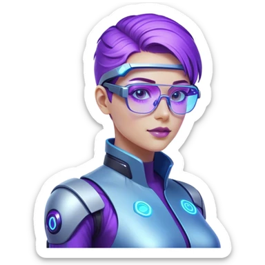 A futuristic cyberpunk human expert, half-human, half-digital, working on a glowing holographic interface, wearing high-tech glasses, with neon blue and purple lighting sticker