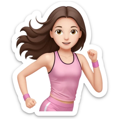 white happy brunette teen long hair with hazel eyes in light pink workout clothes jogging through fiish line sticker