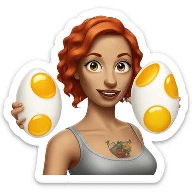 Woman with red hair, blue eyes and arm tattoos holding fried eggs sticker