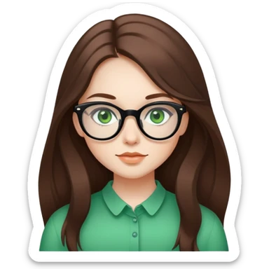 Girl with long brown hair, bright green eyes and thick-framed black glasses. Delicate and harmonious features. sticker