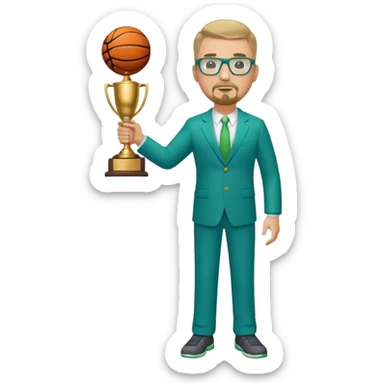 Full Body  heavy white man wearing glasses with a goatee with dirty blond very short hair basketball head Coach in blue and green suit holding trophy sticker