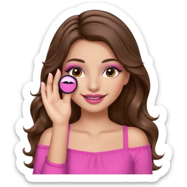 girl with long wavy brown hair, brown eyes, long lashes makeup, sexy pink lips, light to medium complexion, pink sexy top, smiling, hand covering eyes sticker