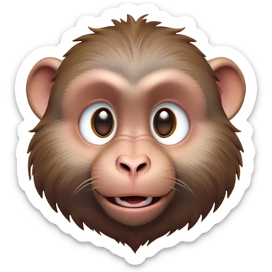 Cinematic Cute Baboon Portrait Emoji, Head tilted playfully and inquisitively, featuring a vibrant Fur of earthy browns with expressive, round, sparkling eyes filled with curiosity, Simplified yet irresistibly adorable features, highly detailed, glowing with a warm, friendly glow, high shine, affectionate and spirited, stylized with a touch of urban whimsy, bright and endearing, soft glowing outline, capturing the essence of a mischievous yet loving baboon, so playful it feels like it could leap out of the screen and into your arms! sticker