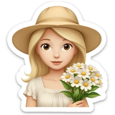 beautiful model blonde girl in a summer beige hat in a beautiful white top with a bouquet of white flowers sticker