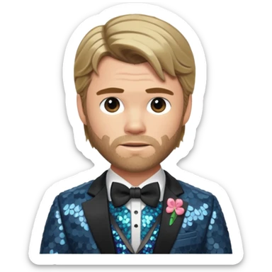 Chris Hemsworth with dark blonde hair, slate sequin suit with bow tie sticker