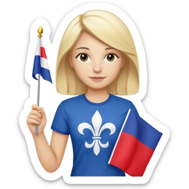 White woman with blonde hair holding a French flag in hand with a fleur-de-lily t-shirt sticker
