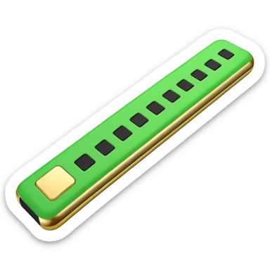Apple-style 3D emoji of a simplified RAM stick, cartoon-style but recognizable, green with gold edge and black squares representing memory chips. sticker