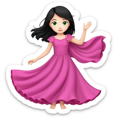 Una chica de 10 años volando con la piel clara el pelo negro y los ojos verdes con un vestido largo y rosa sticker