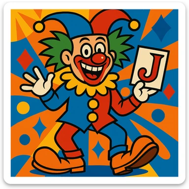 funny joker clown as a playing card character, oversized shoes, wild hair, lively background sticker