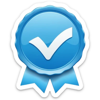 A bright blue circular badge with soft, wavy edges (like a seal or award ribbon). In the center, there is a white check mark (✓) tilted slightly to the right. The design feels clean, modern, and official, symbolizing verified, trusted, approved, or authentic status. sticker