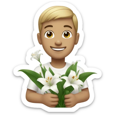 a disabled boy holding a bunch of white lily smiling sticker