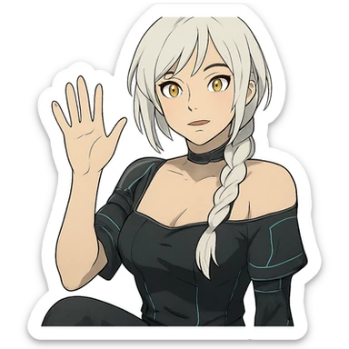  she is waving hello greetings, a closeup portrait of young woman with gold yellow eyes, white hair, long braid, black off-shoulder top d-cup, punk gothic style, futuristic cyberwave cyberpunk, sitting position
 sticker