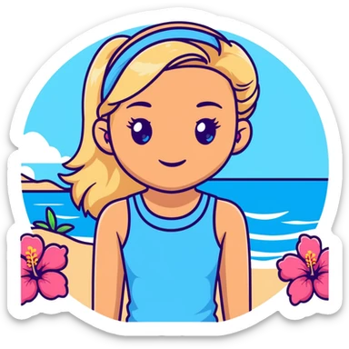 preppy coastal teen girl with blue eyes, beach blonde hair, tan skin, hibiscus flower in her ear, preppy beach outfit sticker