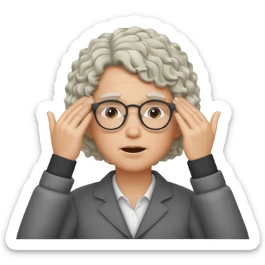 curly blonde/gray hair, glasses, face palm duh sticker
