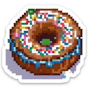 pixel art donut with chocolate icing and colorful sprinkles sticker