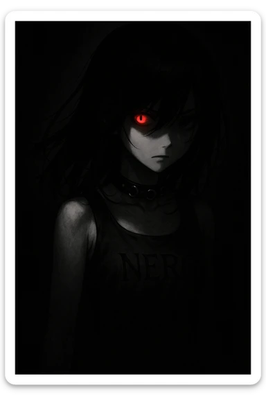 Anime girl emerging from darkness, jet-black hair over her face, turning right. Her left eye glows red with a menacing aura. She wears a black leather necklace with metal rings, and 'NERO' is engraved in black script on her dress. sticker