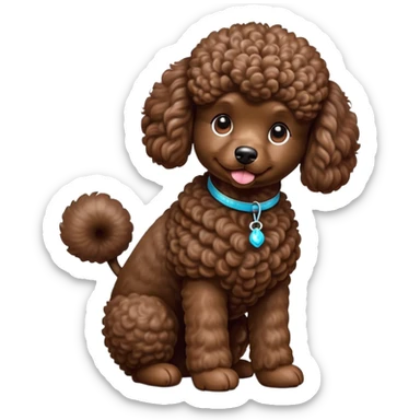 cinematic-[poodle]-realistic-full-body-sitting-emoji,-tail-resting-loosely-beside-its-paws,-head-tilted-dramatically, -curly-[chocolate]-fur,-simplified-yet-realistic-focused-features,-highly-detailed,-glowing-with-an-almost-sarcastic-glow sticker