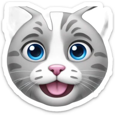 a cat with a pink nose, gray fur, blue eyes and white lower face sticker