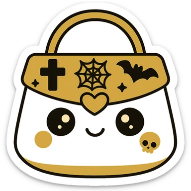 Change the color scheme to gold and black. Create a gothic kawaii purse with big eyes, smiling, cartoonish and playful style. Include gothic details like crosses, spiderwebs, bats, and skulls. Remove the background completely. sticker