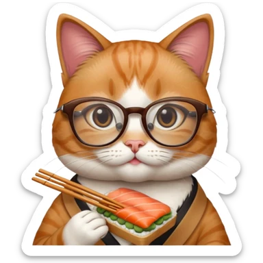 cute girl cat with really big square glasses with super thin frames eating sushi sticker