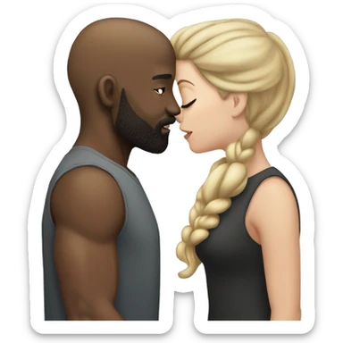 White girl brunette kissing muscular black bald man with beard sticker
