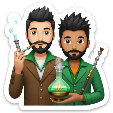 Brass hookah with green design on a glass water base on the top; with two smoke pipes where people are holding them and smoking - one white guy with spikes (silver and black hair) and another Tamil handsome with little beard Indian guy. The Tamil guy is not having spiky hair  sticker