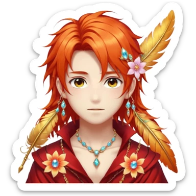 Beautiful gorgeous anime boy with beautiful fiery-special-medium-long-hair, fashion aesthetic, ethereal, fairycore, pastelcore, feather, flower, gems, accessories, jewelries, gold, colorful sticker